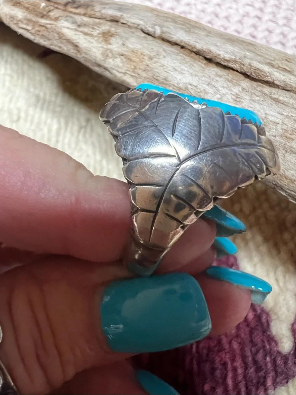 VTG Navajo Sterling Silver Turquoise Leaf Ring 10.5 Signed CY 25g